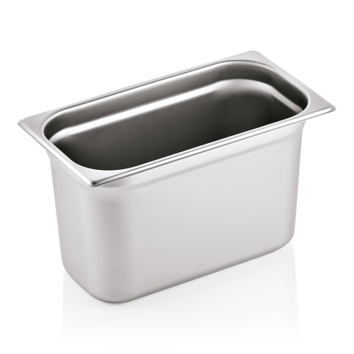 GN 1/3 Behälter, Materialstärke 0,7 mm. Material: Chromnickelstahl 18/8. Serie: GN 90. Inhalt in Litern: 7. Maße: Höhe: 200 mm