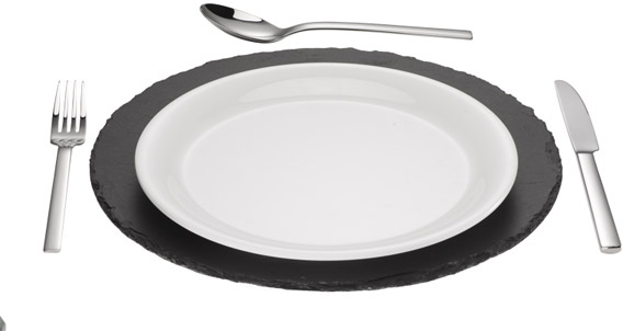 Naturschieferplatte Ø 33 cm Materialstärke 6-9 mm möbelschonende Füßchen gebrochene Kanten glänzende, versiegelte Oberfläche