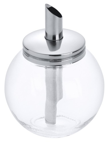 Zuckerspender aus schwerem Pressglas, mit langem Dosierrohr, mit Kappe aus Edelstahl 18/0 Volumen: 0,225 l, Durchmesser: 8,5 cm, Höhe: