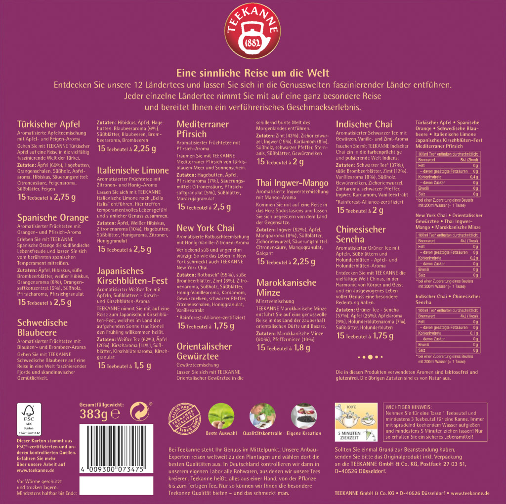 Teekanne LÄNDERTEE BOX, 12 beliebte Sorten à 15 Stück, Maße: 6,5x27,5x27,5 cm, im dekorativen Aufsteller.