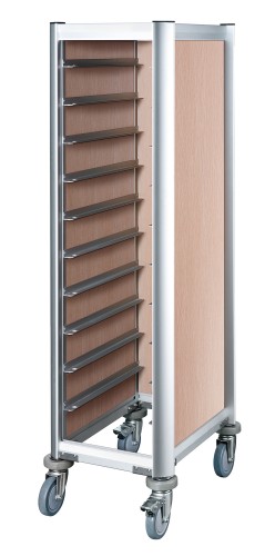 Tablettwagen. für 10 Tabletts 45,5 x 35,5 cm. Alu-Profile mit MDF-Seitenteilen. passend