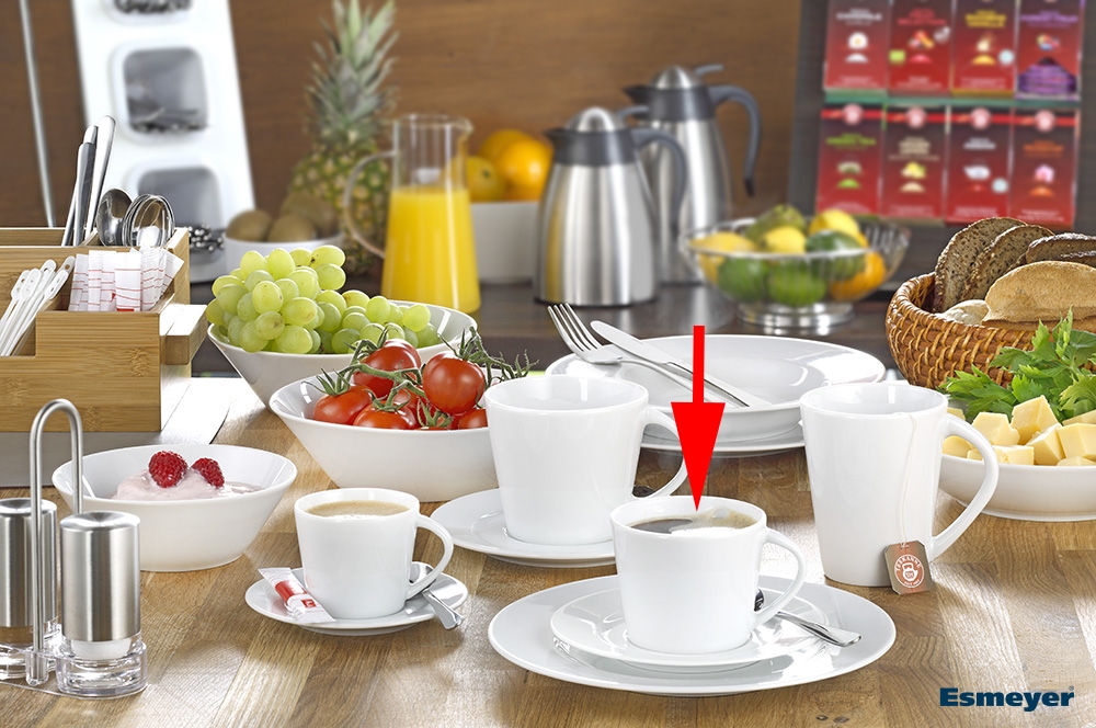 Kaffee-Obertasse ISTA, 180 ml, von caterado, aus weißem Porzellan. Made in Europe. Höhe 6,5 cm. Durchm. 8 cm (m. Henkel 9,8).