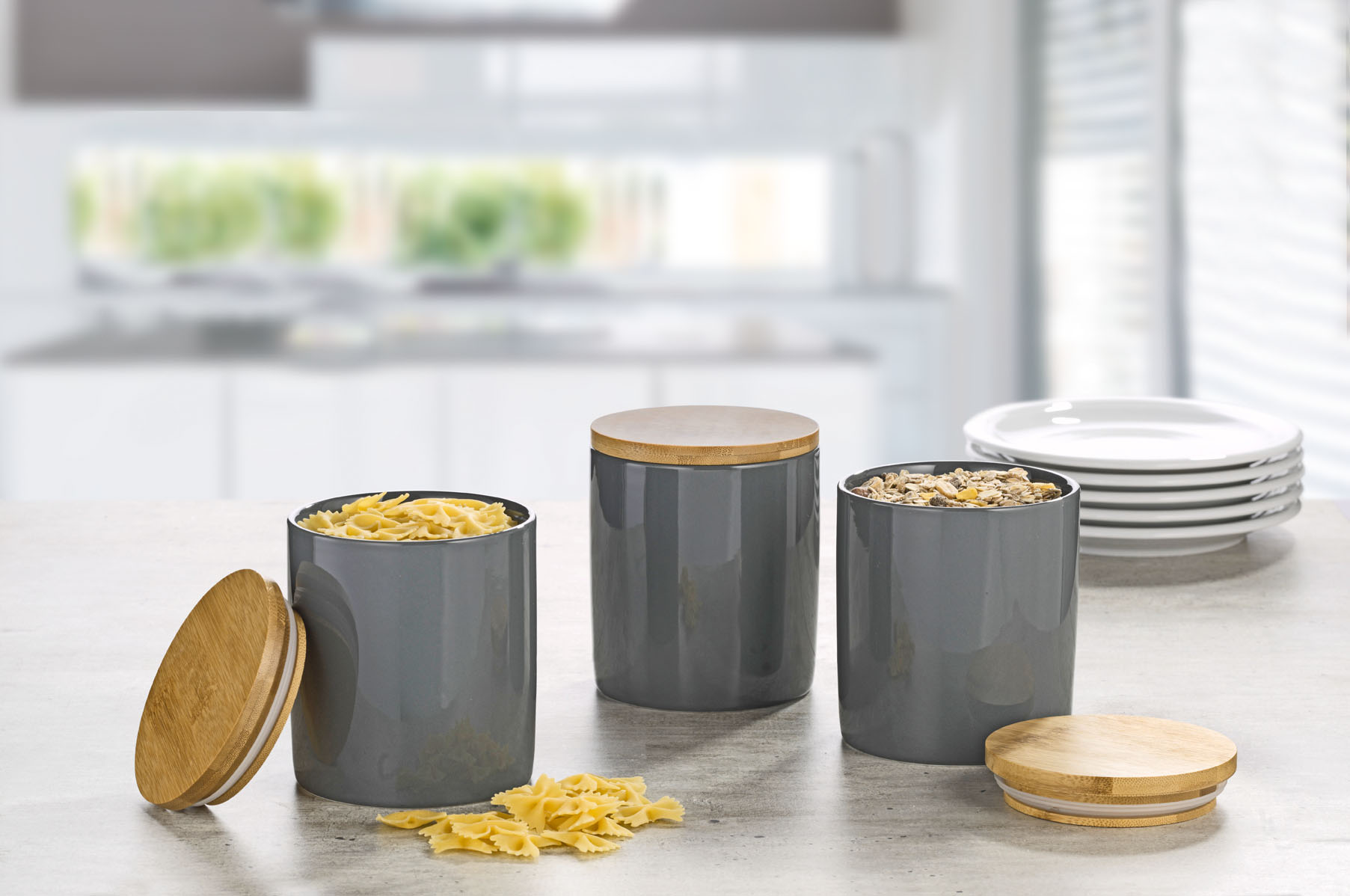 3-teiliges Vorratsdosen-Set GRENOBLE, Höhe 12,8 cm aus Porzellan, Farbe: Anthrazit.