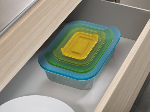 Joseph Joseph Nest Glass Storage - 4-teiliges Aufbewahrunsgbehälterset aus Glas - mehrfarbige Deckel