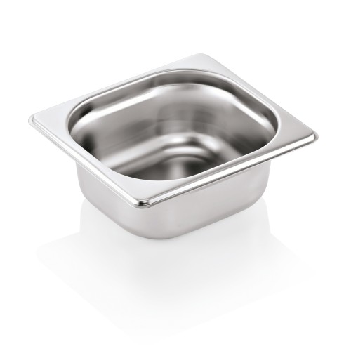 GN 1/6 Behälter, Materialstärke 0,7 mm. Material: Chromnickelstahl 18/8. Serie: GN 90. Inhalt in Litern: 1. Maße: Höhe: 65 mm