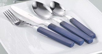 30-tlg. Besteck MIRA 18/0, trowalisiert, Farbe: blau, im runden Besteckkorb, in Runddose