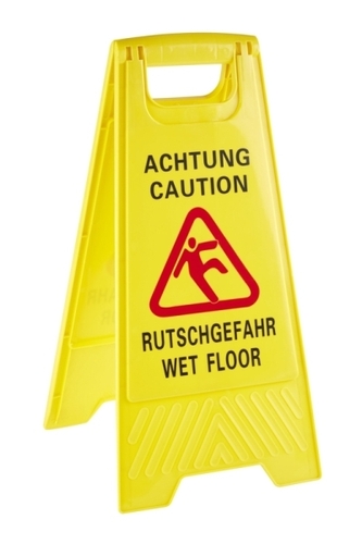 Aufsteller Breite: 30 cm, H: 63 cm Polypropylen, gelb Text beidseitig -ACHTUNG RUTSCHGEFAHR- -CAUTION WET FLOOR- Farbe: Gelb