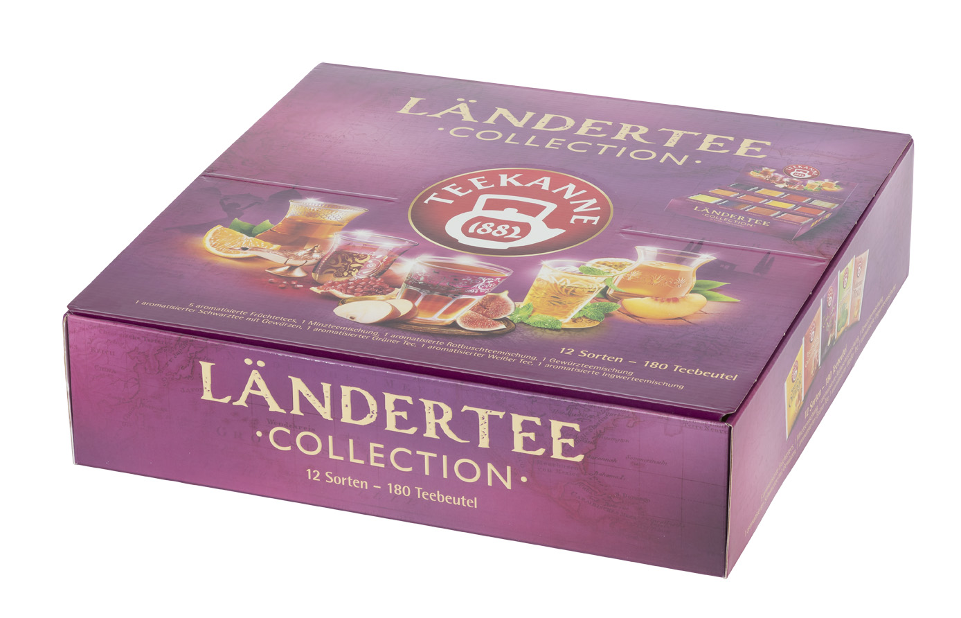 Teekanne LÄNDERTEE BOX, 12 beliebte Sorten à 15 Stück, Maße: 6,5x27,5x27,5 cm, im dekorativen Aufsteller.