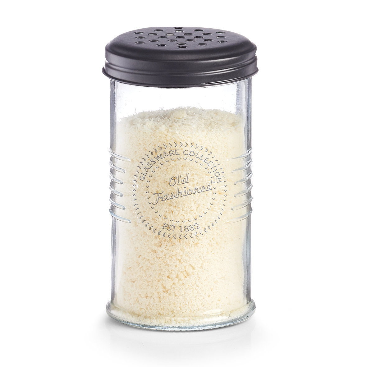 Käsestreuer, Glas; Metall, Ø7,5x13,7 cm. Farbe: schwarz. Fassungsvermögen: 350 ml. Der Käsestreuer ist aus hochwertigem Glas gefertigt