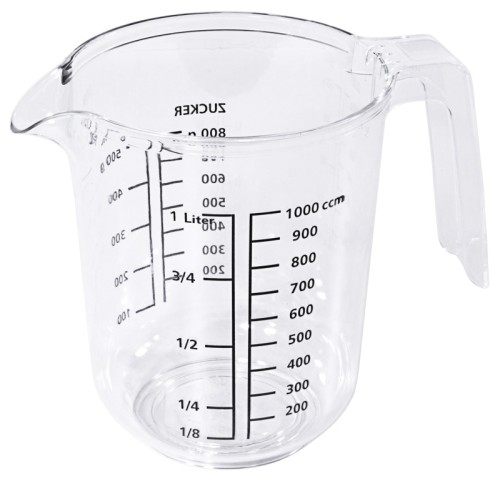 Messbecher aus klarem Polystyrol, Inhalt: 1 Liter, Höhe: 15 cm, Durchmesser: 12 cm.