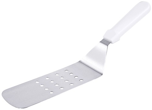 Bratenwender perforiert, aus starrem Edelstahl 18/0, seidenmatt poliert, mit ABS-Griff, 7 mm Lochung, stark angewinkeltes