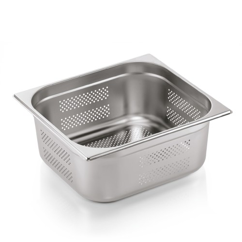 GN 2/3 Behälter, Boden- und Seitenlochung. Materialstärke 0,6 mm. Material: Chromnickelstahl. Serie: GN 71. Inhalt in Litern: