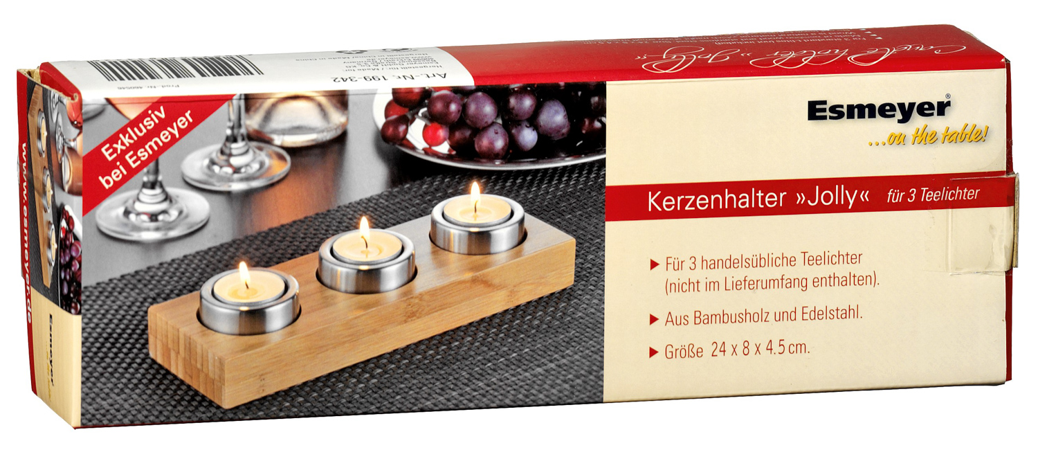 Teelichthalter JOLLY, für 3 Teelichter, aus Bambus und Edelstahl, Maße: 25 x 8 x 5 cm.
