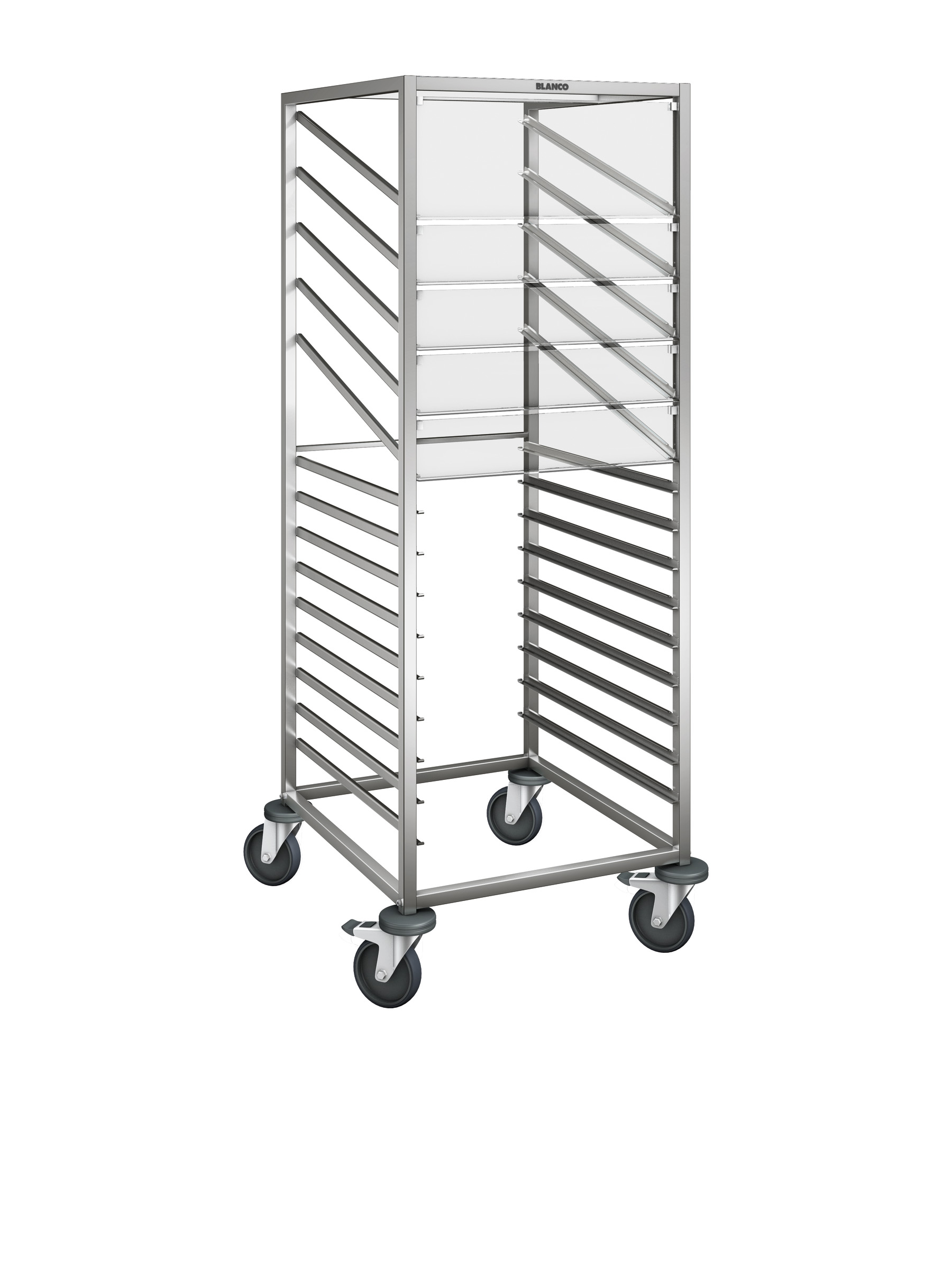 BLANCO Salat- und Dessert-Ausgabewagen aus rostfreiem Edelstahl, mit stahlverzinkten Rollen, mit Entnahmeklappen, Auflagenpaare: 5 Paar / 9