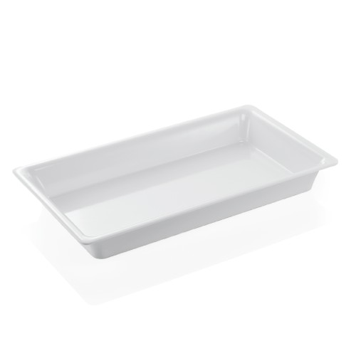 GN 1/1 Behälter, mit glattem Rand. Material: Melamin. Serie: GN 97. Inhalt in Litern: 9. Farbe: weiß. Maße: Höhe: 65 mm