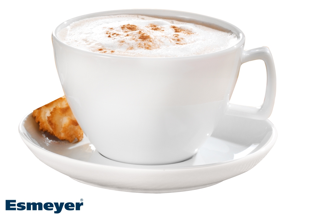 Milchkaffee-Tasse, Inhalt: 0,4 ltr., mit Untertasse, Form CREMA, UNI WEISS, Henkelform eckig, Höhe: 8,0 cm