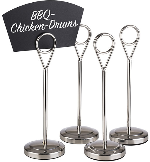 Kartenhalter, 4er Set Ø 5 cm, H: 15,5 cm Edelstahl, hochglanzpoliert inklusive 20 schwarzen Beschriftungskarten aus