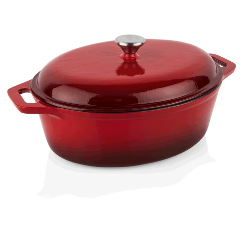 Bräter, Emailliert, Deckel mit Edelstahlgriff. Material: Edelstahl, Gusseisen. Inhalt in Litern: 3,3.