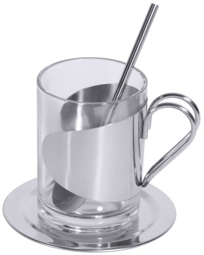 Teeglas Set mit 0,15 l-Glas matt, Halter und Löffel aus Edelstahl 18/10, Untersatz aus Edelstahl 18/0, hochglänzend poliert Volumen: