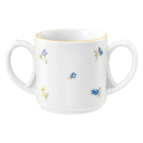 Seltmann Becher mit 2 Henkel 0,28 l, rund, Form: Community, Dekor: 57387 Streublume gelbe Linie, hohe Kantenschlagfestigkeit, Made in Germany
