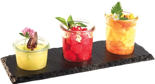 Naturschieferplatte 28 x 10 cm Materialstärke 6-9 mm mit 3 Absätzen Ø 6 cm möbelschonende Füßchen gebrochene Kanten