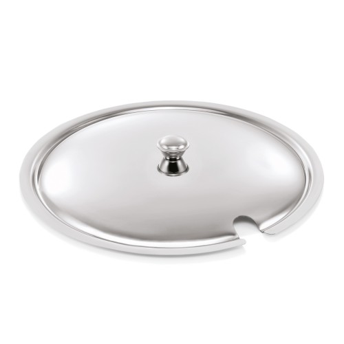 Deckel für Suppenterrine 1474, mit Löffelaussparung. Material: Chromnickelstahl. Durchmesser: 29 cm.