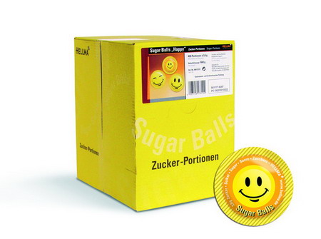 SUGAR BALLS HAPPY von Hellma, Inhalt: 400 Stück à 3,6 g je Karton, Zucker Portions-Packung.