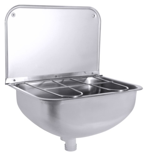 Ausgussbecken aus Edelstahl 18/10, mit Bodenventil, Stützkonsole und klappbarem Ablagerost, Ablauf 1½ Länge: 43 cm, Breite: