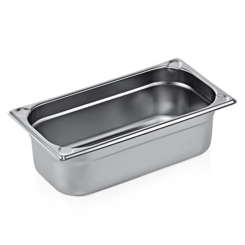 GN 1/3 Behälter, Materialstärke 0,6 mm, Randverstärkung durch geprägte U-Ecken. Material: Chromnickelstahl. Serie: GN 76. Inhalt in Litern: