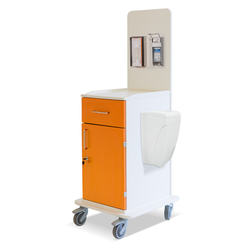 ETHERNASOLID® MULTICART Arbeitswagen T15 mit Mülleimer, Handschuhbox-Halterung und Desinfektionsspender für 500-ml-Euroflaschen,