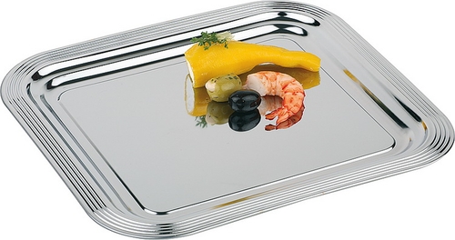 GN 2/3 Partyplatte -CLASSIC- 35,4 x 32,5 cm, Metall vernickelt und glanzverchromt mit Liniendekor Rand eingerollt