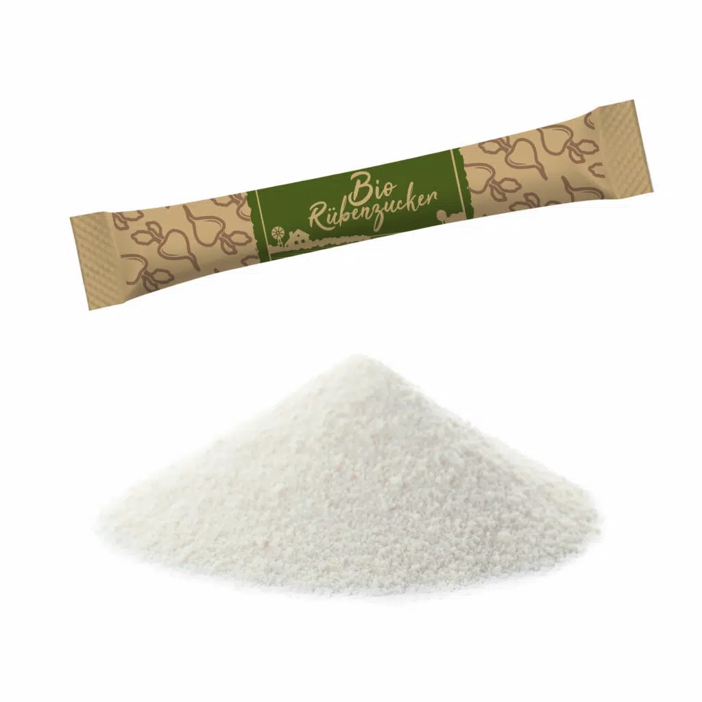 500 Bio Rübenzucker-Sticks a 4g in der Spenderbox, in nachhaltiger, recyclbarer Verpackung, Länge 190mm, Breite 175mm, Höhe 250mm,