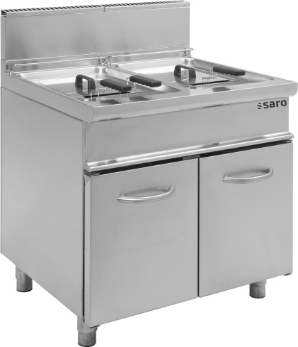 SARO Gasfritteuse Modell E7/FLG2V13 Made in Europe - Material: Edelstahl - Mit Ablasshahn und Edelstahlauffangbehälter für einfachen
