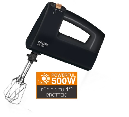 Krups Handmixer 3 Mix 7000, Schwarz Leistung: 500 Watt für bis zu 1 kg Brotteig.