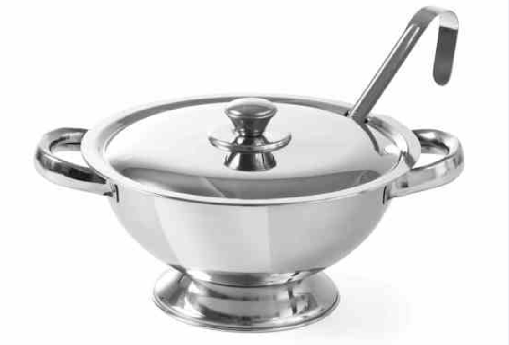 HENDI Suppenterrine - Inhalt: 3 Liter, Edelstahl Ø245x(H)130 mm, mit Deckel und Servierlöffel Geschirrspülmaschinengeeignet