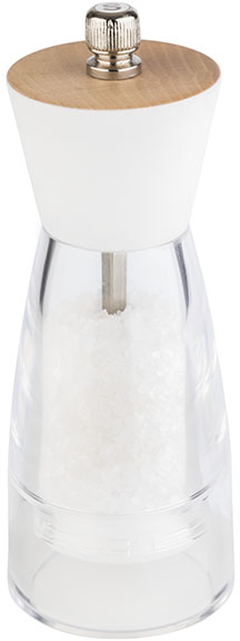 Salzmühle -FRIDA- Ø 6 cm, H: 15,5 cm Acryl, Buchenholz Farbe: weiß / transparent Mahlwerk aus Edelstahl Mahlgrad stufenlos