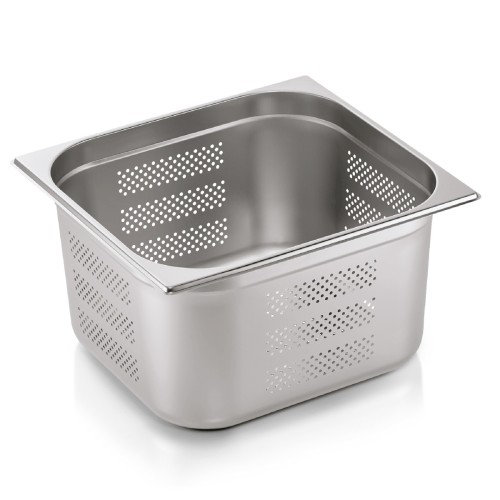 GN 2/3 Behälter, Boden- und Seitenlochung. Materialstärke 0,6 mm. Material: Chromnickelstahl. Serie: GN 71. Inhalt in Litern: