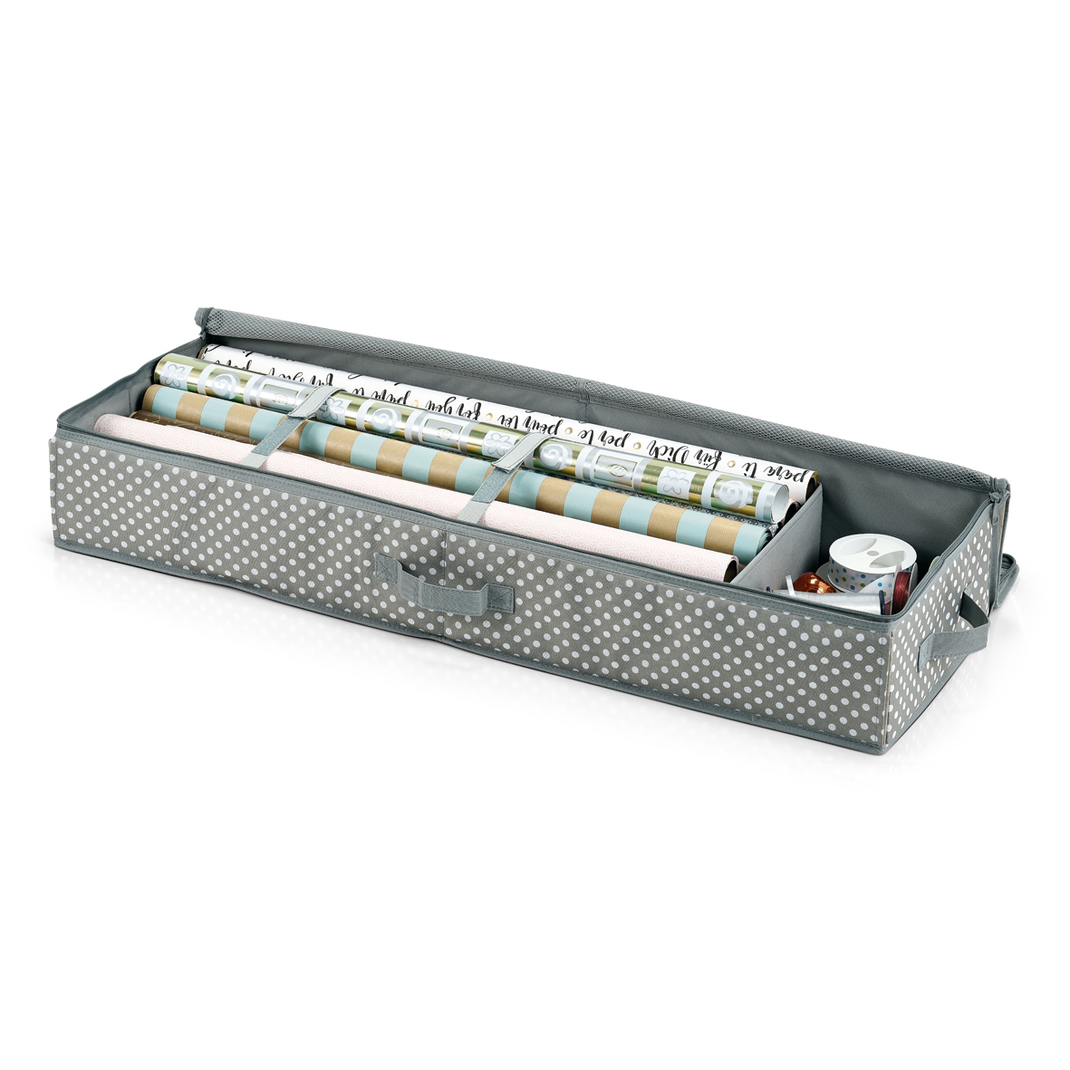 Geschenkpapier-Organizer, 100% Polyester, 90x12x30 cm. Farbe: grau. Chaos bei der Aufbewahrung von Geschenkpapier? Mit unserem