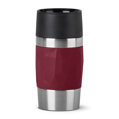 Emsa TRAVEL MUG COMPACT Isolierbecher 0,3 Liter, in der Farbe Weinrot, aus Edelstahl, mit Soft Touch Manschette und Drehverschluss,