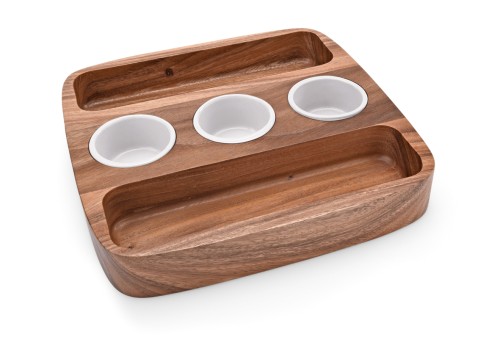 Dipschalen Set. Akazienholz. mit drei Porzellanschalen. Höhe Schale 4 cm, Durchm. Schale