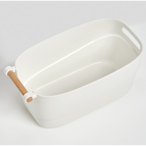 Aufbewahrungskorb, Kunststoff/Holz, weiß. Länge: 335 mm. Breite: 185 mm. Höhe: 150 mm