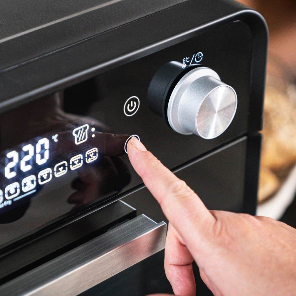 Gastroback Design Ofen Air Fry & Pizza 5 in 1: Pizzaofen, Heissluftfritteuse, Mini-Backofen, Grill-, Drehspiess und Dörrgerät