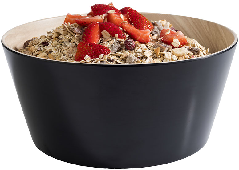Schale -FRIDA- Ø 22 cm, H: 10,5 cm Melamin innen: Holzoptik außen: schwarz mit Antirutsch-Füßchen 2,2 Liter