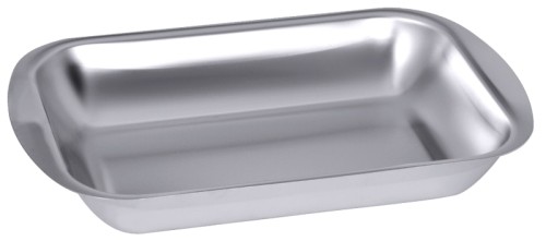 Rechteckige Schale aus Edelstahl 18/10, seidenmatt poliert, glatt auslaufender Rand - an den kurzen Seiten breiter als Grifffläche,