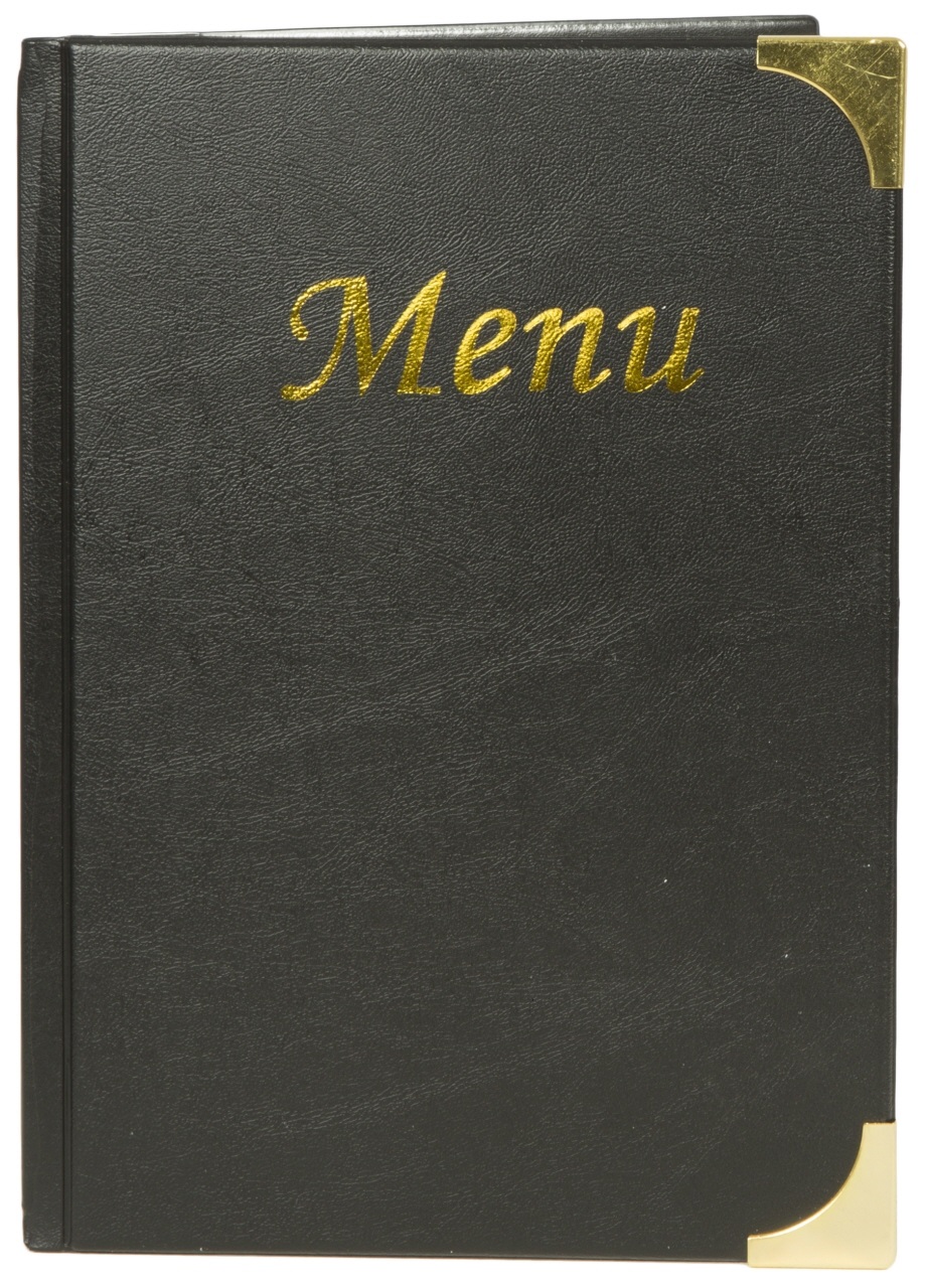 Speisekarte, einfach, DIN A5 Außenhülle aus PVC in Glattlederoptik, Metallschutzecken, Aufschrift Menü