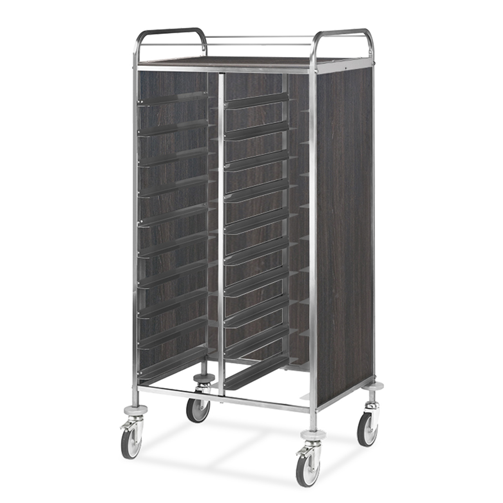 ETHERNASOLID® Tablettwagen 20 GN, 3 Seiten + oben Paneele MDF, Dekor Tabak