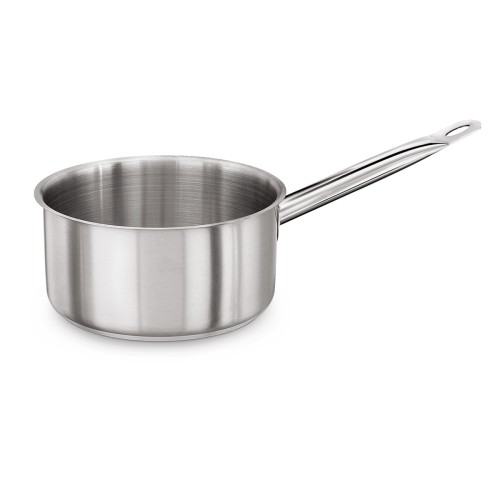 Stielkasserolle, Sandwichboden, Schüttrand, angeschweißte Kaltgriffe, Hohe Ausführung. Material: Chromnickelstahl 18/10. Serie: Cookware