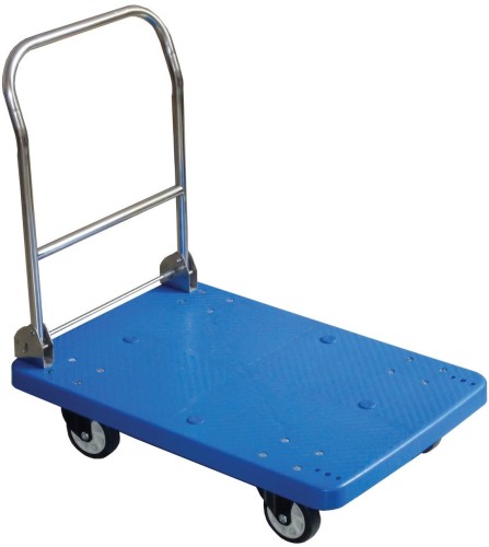 Plattform-Wagen für bis zu 150kg. Mit 2 Lenkrollen und umklappbarem Griff. Maße: 73 x 48 x 82,5 cm (Länge x Breite x Höhe)