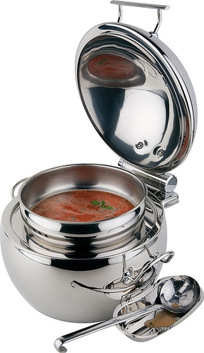 Suppen-Kugel -GLOBE- Ø 48 cm, H: 32 cm, 10 Liter Edelstahl hochglanzpoliert mit hydraulischer Deckelbremse zur geräuscharmen