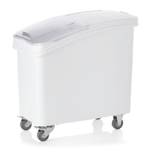 Lebensmittelbehälter, 4 Rollen, davon 2 schwenkbar mit Feststeller. Material: Polycarbonat, Polyethylen. Inhalt in Litern: 120.